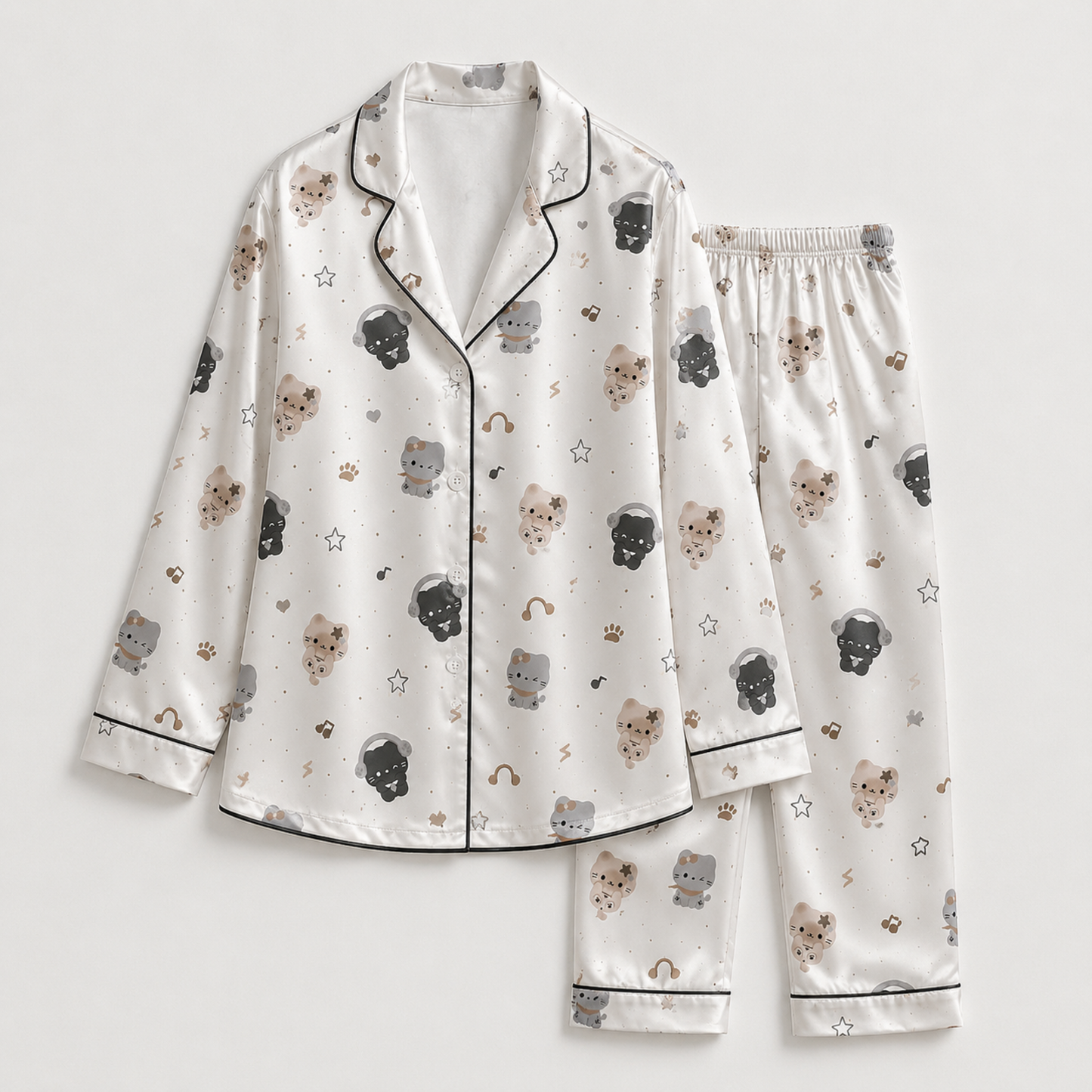 PJ-M273-Cartoon Kitty Pajama Set with Premium Soft Fabric and Adorable All Over Cat Print