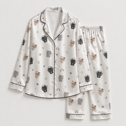 PJ-M273-Cartoon Kitty Pajama Set with Premium Soft Fabric and Adorable All Over Cat Print