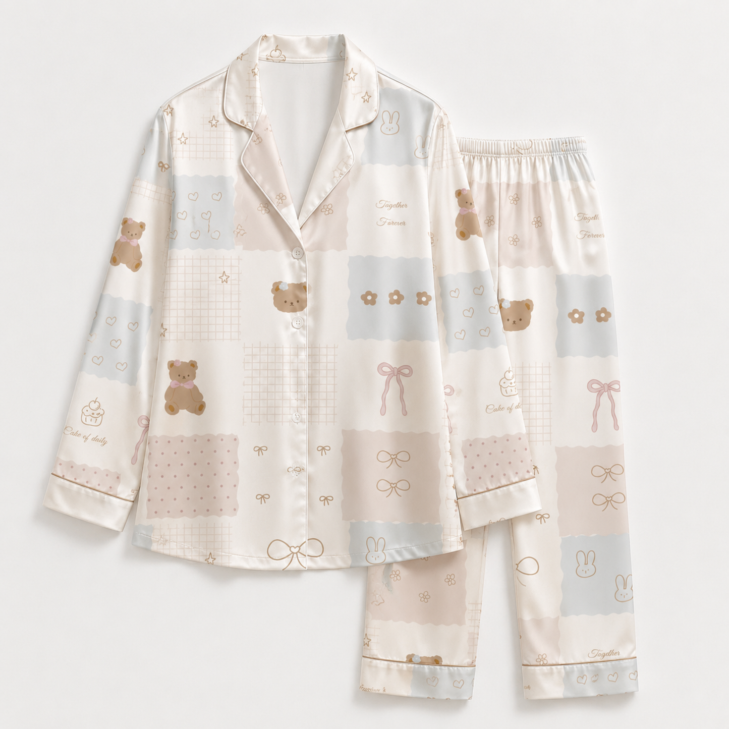 PJ-M274-Classic Ribbon Teddy Design Satin Pajama Set, Luxurious Matching Sleepwear Collection