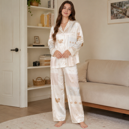 PJ-M274-Classic Ribbon Teddy Design Satin Pajama Set, Luxurious Matching Sleepwear Collection