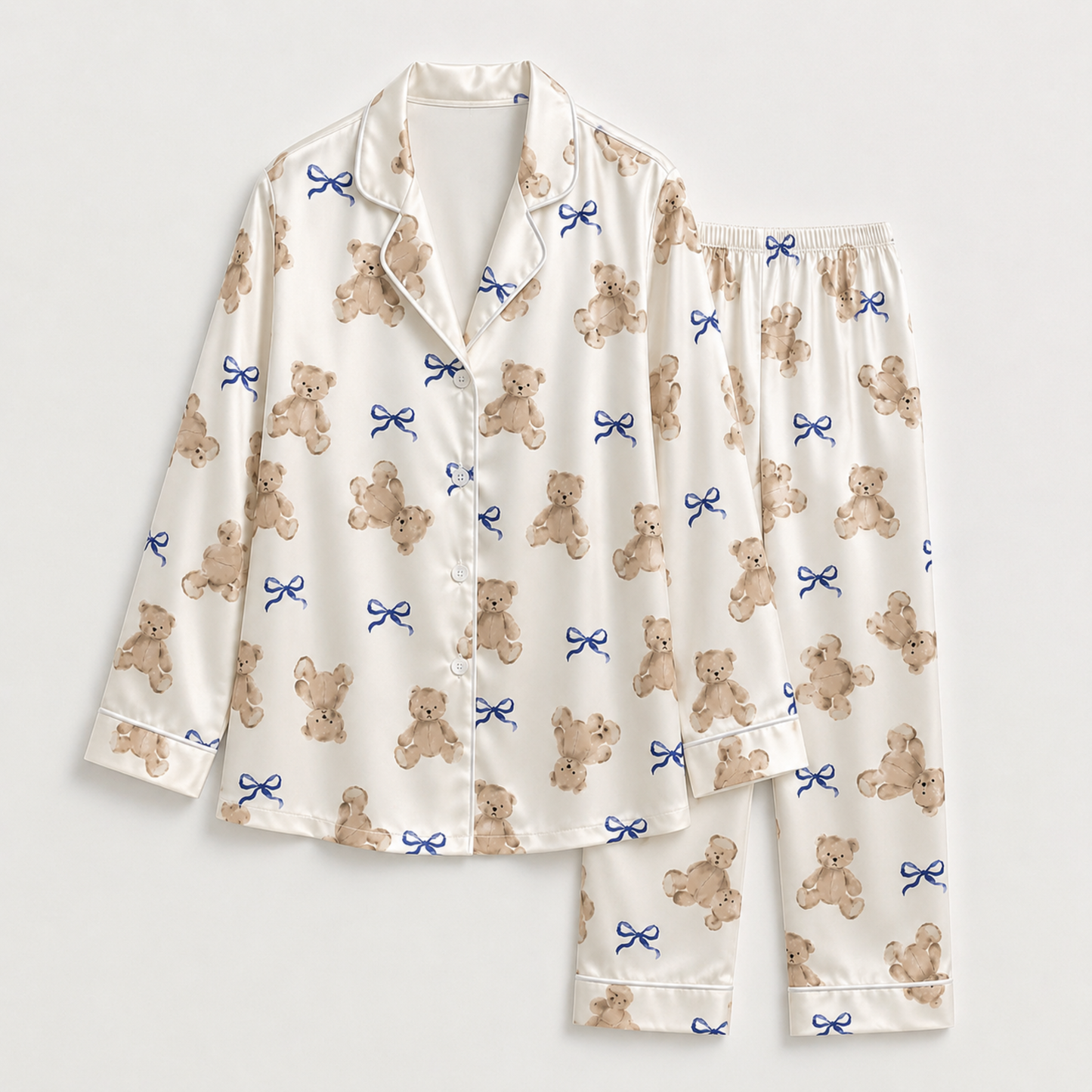 PJ-M276-Elegant Teddy Bear Ribbon Print Satin Pajama Set with Coordinated Lounge and Sleepwear