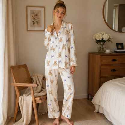 PJ-M276-Elegant Teddy Bear Ribbon Print Satin Pajama Set with Coordinated Lounge and Sleepwear