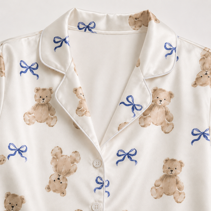PJ-M276-Elegant Teddy Bear Ribbon Print Satin Pajama Set with Coordinated Lounge and Sleepwear