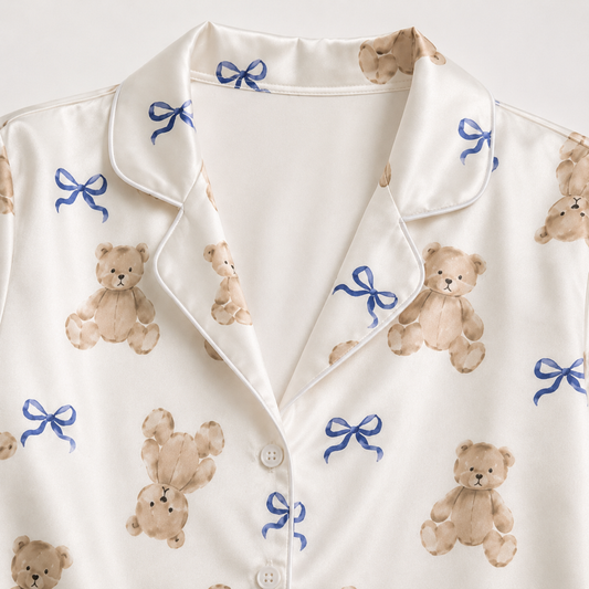 PJ-M276-Elegant Teddy Bear Ribbon Print Satin Pajama Set with Coordinated Lounge and Sleepwear