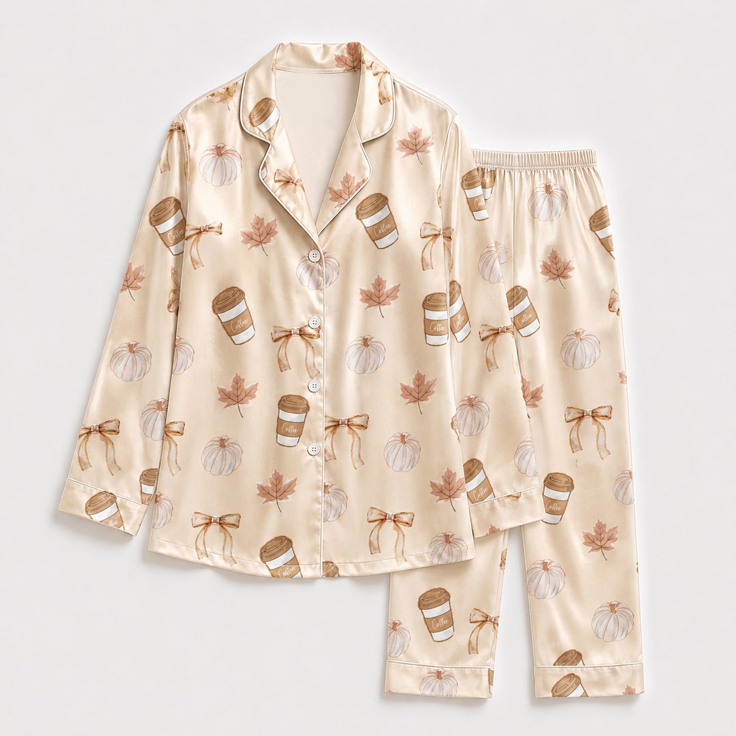 PJ-M277-Coffee Print Pajama Set with Soft Breathable Fabric for Cozy Everyday Sleepwear