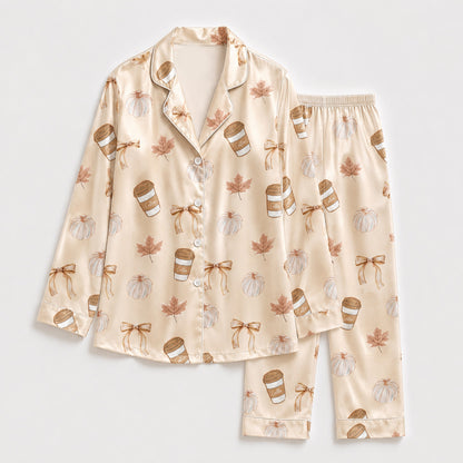 PJ-M277-Coffee Print Pajama Set with Soft Breathable Fabric for Cozy Everyday Sleepwear