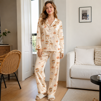 PJ-M277-Coffee Print Pajama Set with Soft Breathable Fabric for Cozy Everyday Sleepwear