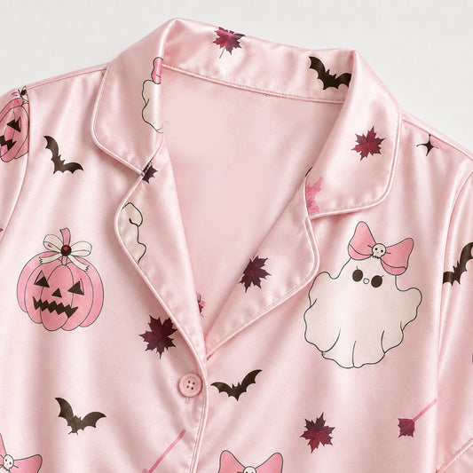 PJ-M278-Pink Halloween Satin Pajama Set with Festive Seasonal Print for Cozy Matching Sleepwear