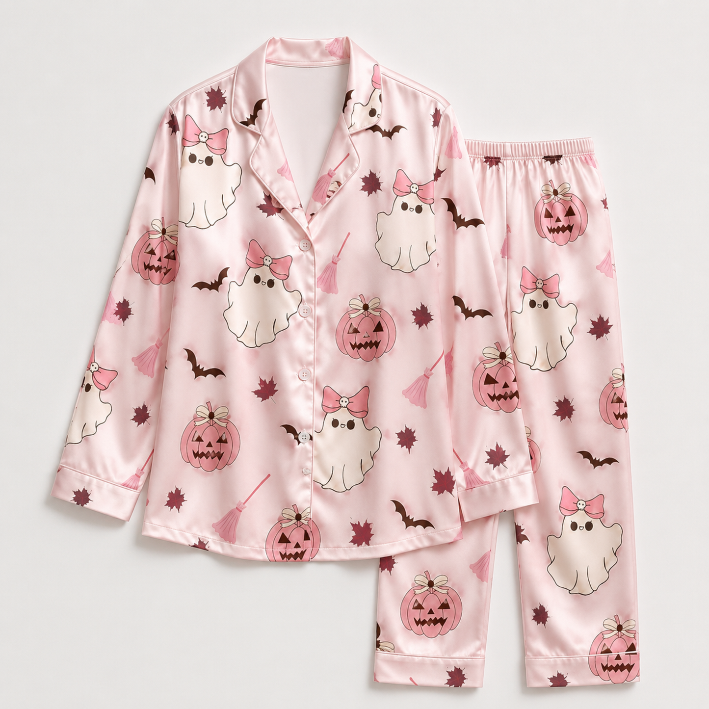 PJ-M278-Pink Halloween Satin Pajama Set with Festive Seasonal Print for Cozy Matching Sleepwear