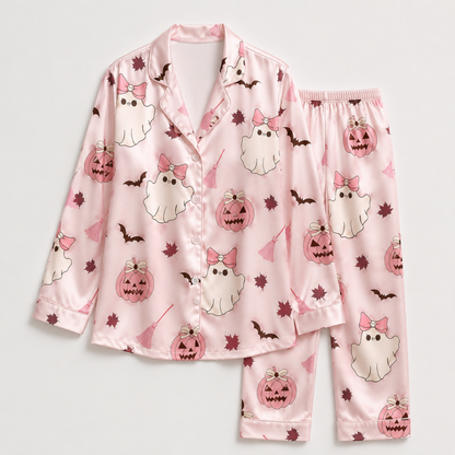 PJ-M278-Pink Halloween Satin Pajama Set with Festive Seasonal Print for Cozy Matching Sleepwear