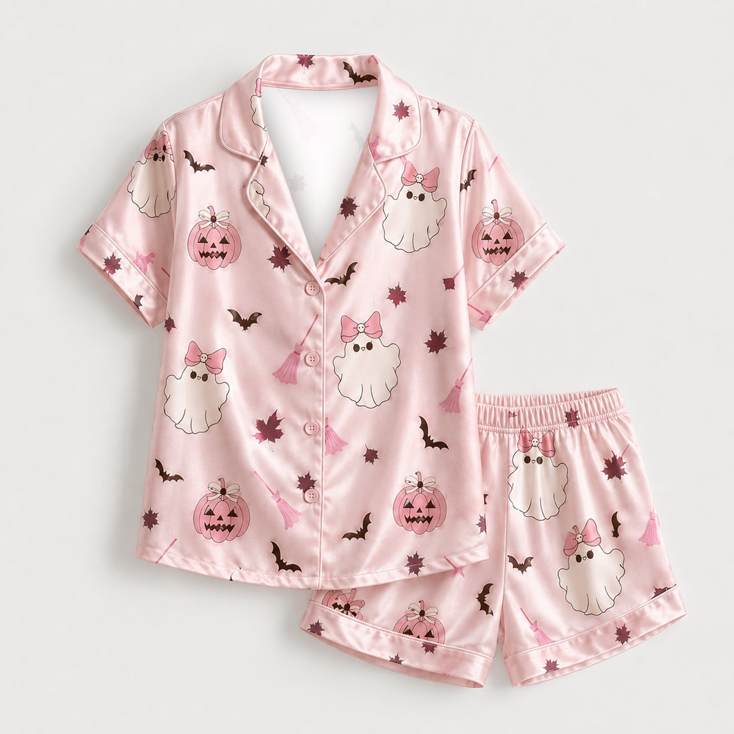 PJ-M278-Pink Halloween Satin Pajama Set with Festive Seasonal Print for Cozy Matching Sleepwear