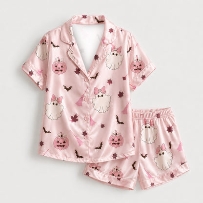 PJ-M278-Pink Halloween Satin Pajama Set with Festive Seasonal Print for Cozy Matching Sleepwear