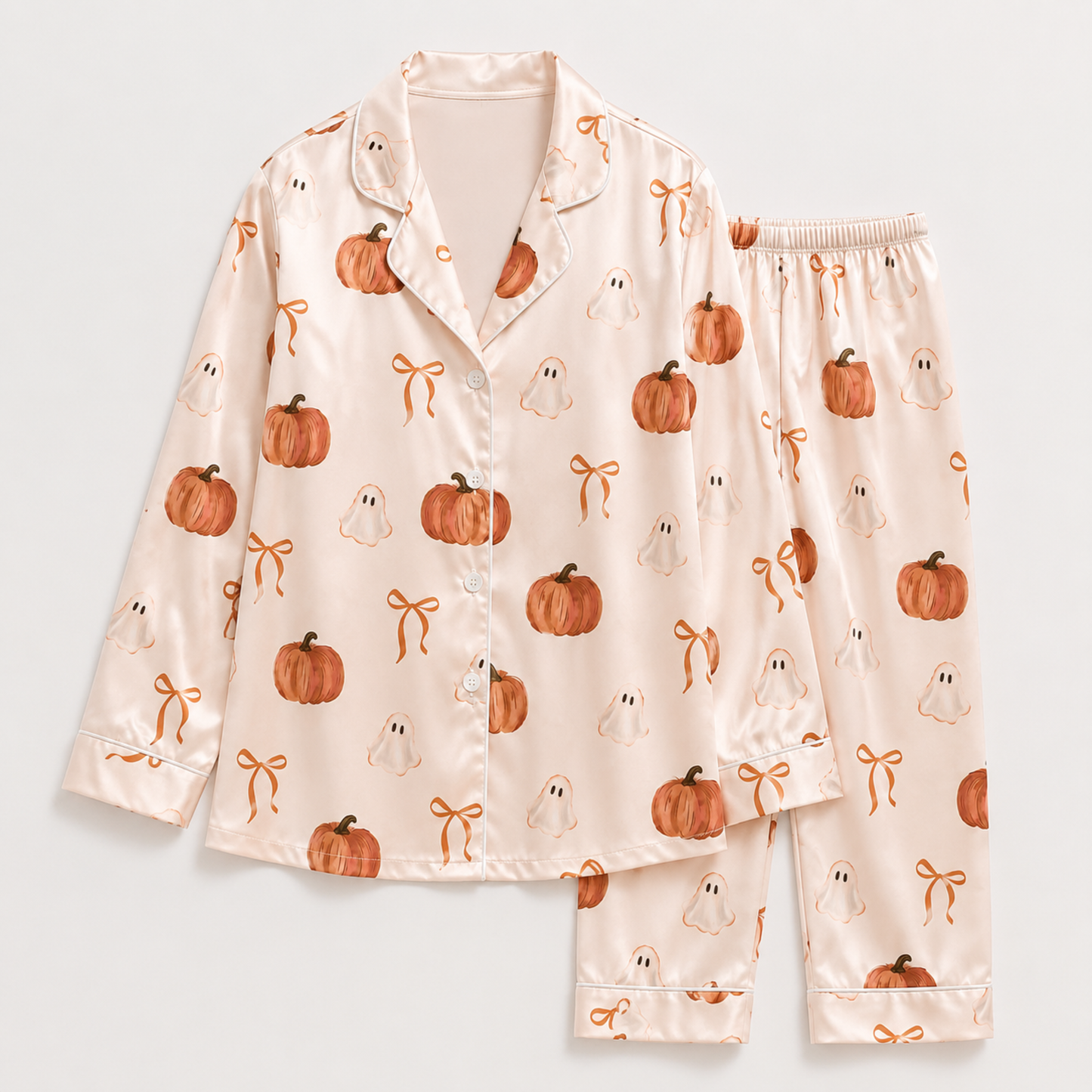 PJ-M279-Halloween Pumpkin Satin Pajama Set with Playful Autumn Pattern for Comfortable Matching Sleepwear