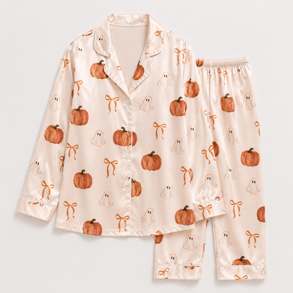 PJ-M279-Halloween Pumpkin Satin Pajama Set with Playful Autumn Pattern for Comfortable Matching Sleepwear