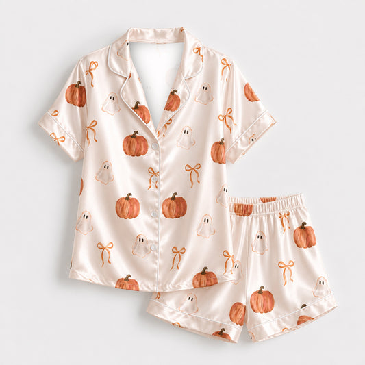 PJ-M279-Halloween Pumpkin Satin Pajama Set with Playful Autumn Pattern for Comfortable Matching Sleepwear