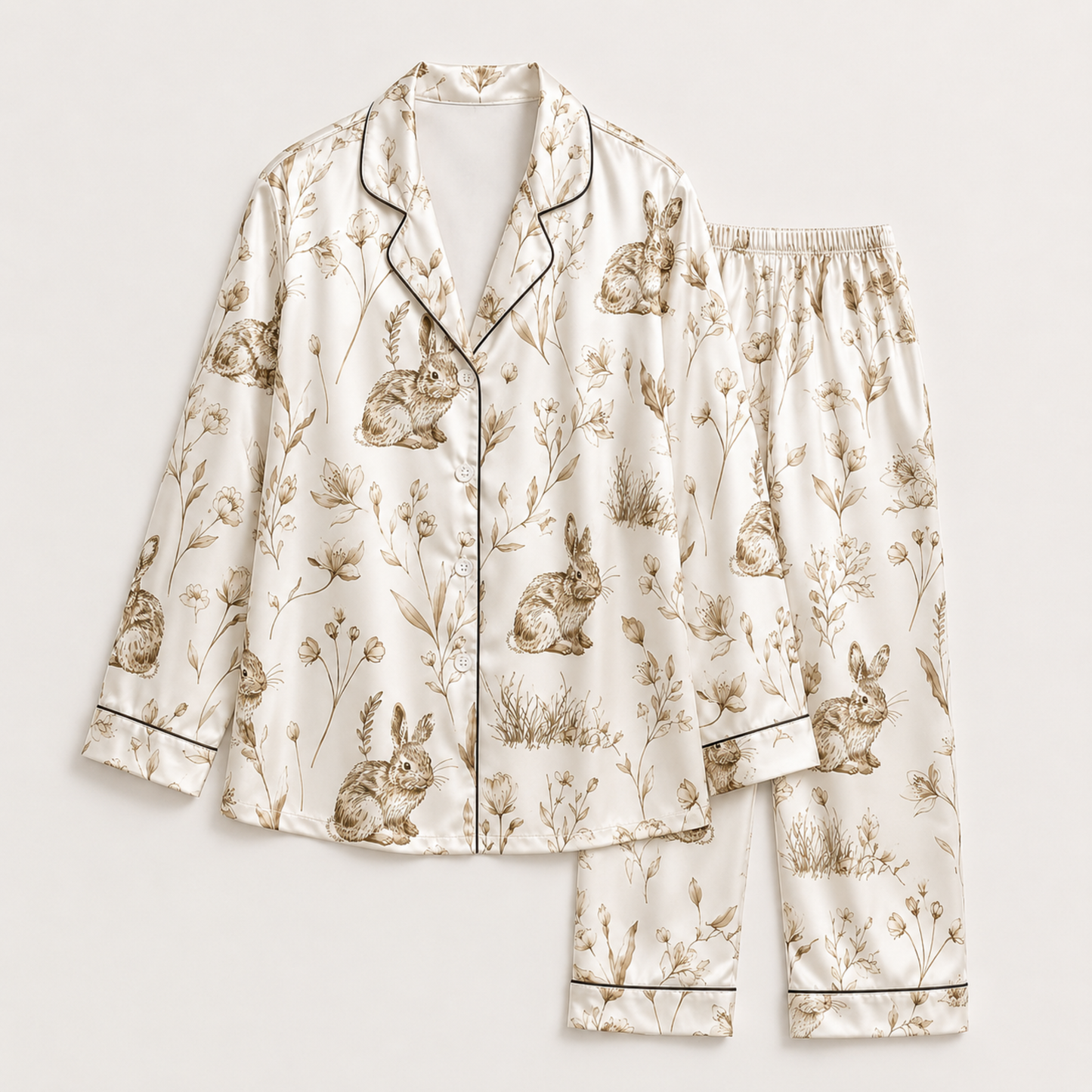 PJ-M280-Cute Rabbit Satin Pajama Set with Charming Cartoon Bunny Pattern for Cozy Everyday Sleepwear