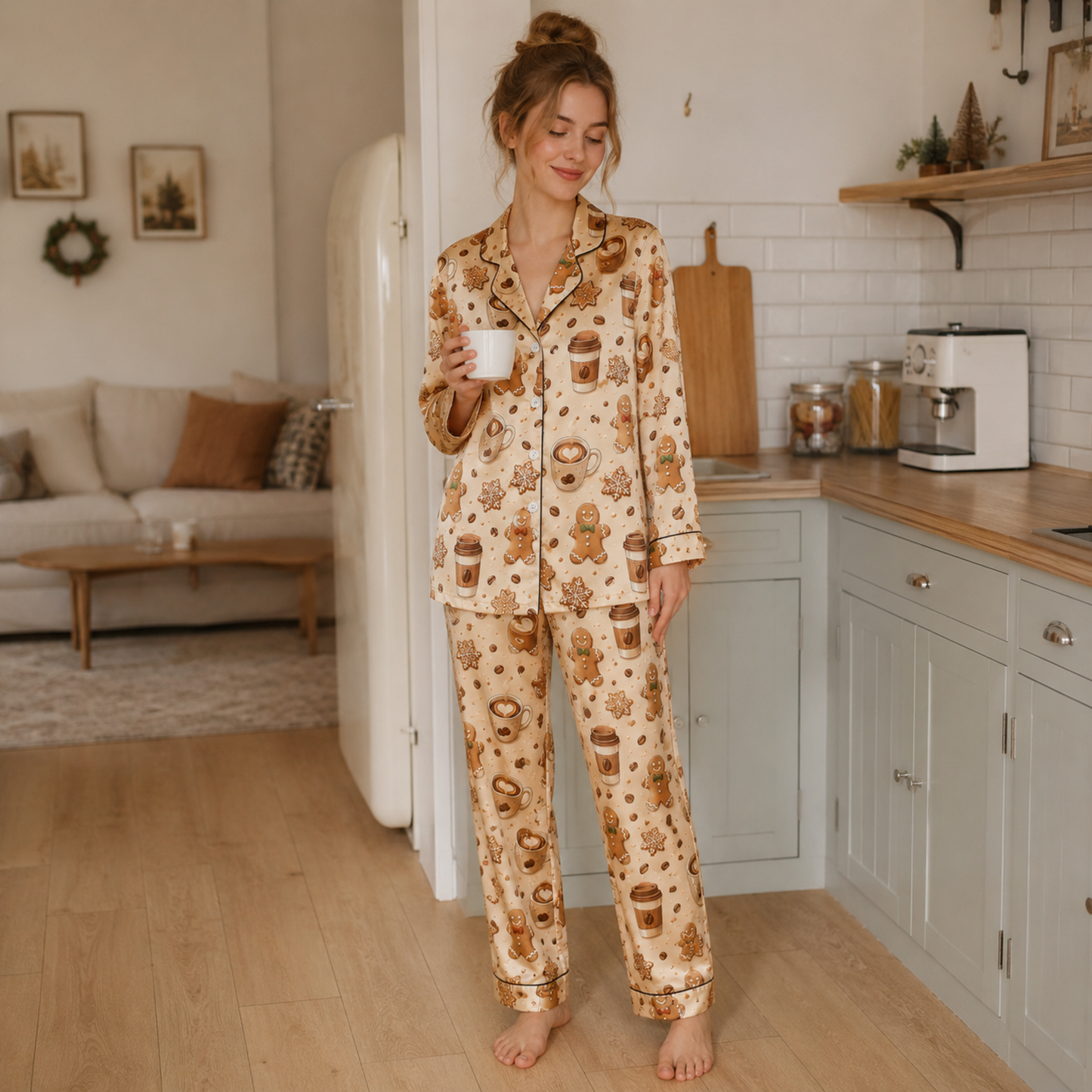 PJ-M281-Cute Coffee Cup Pattern Pajama Set with Comfortable Lounge Style