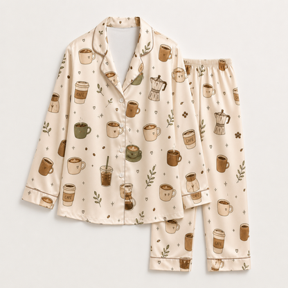 PJ-M282-Coffee Lover Pajama Set with Adorable Mug Print and Soft Everyday Comfort