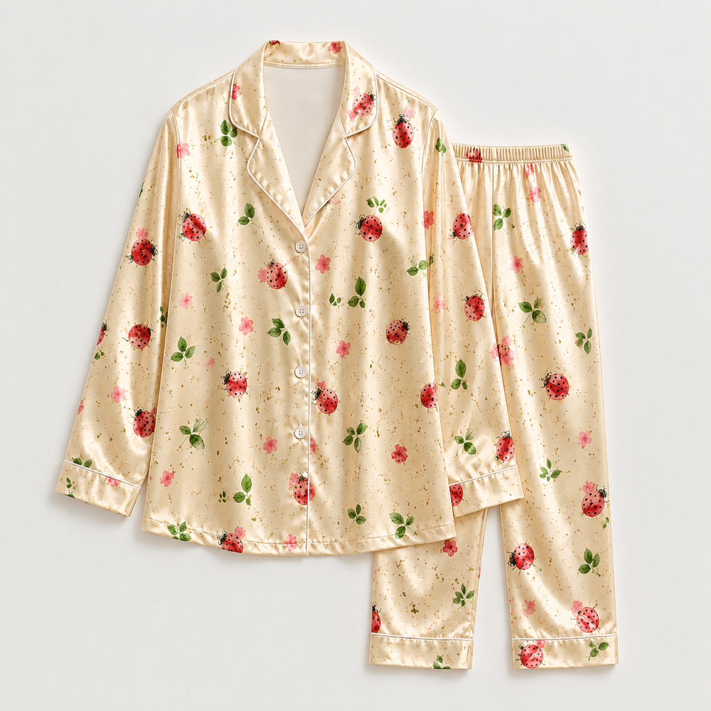 PJ-M283-Botanical Ladybugs Print Pajama Set with Relaxed Fit and Soft Everyday Comfort