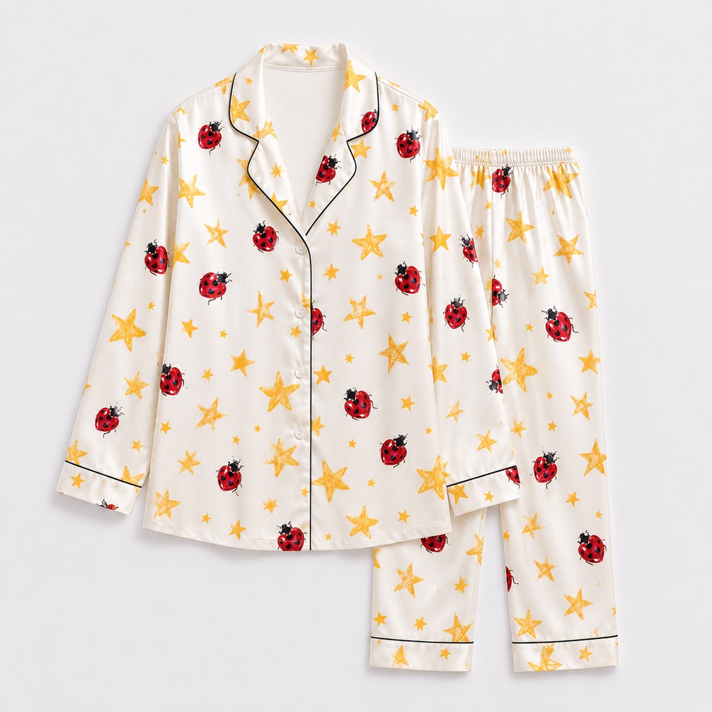 PJ-M285-Whimsical Ladybug Print Lounge Set – Soft Satin Comfort