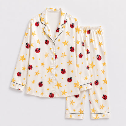 PJ-M285-Whimsical Ladybug Print Lounge Set – Soft Satin Comfort