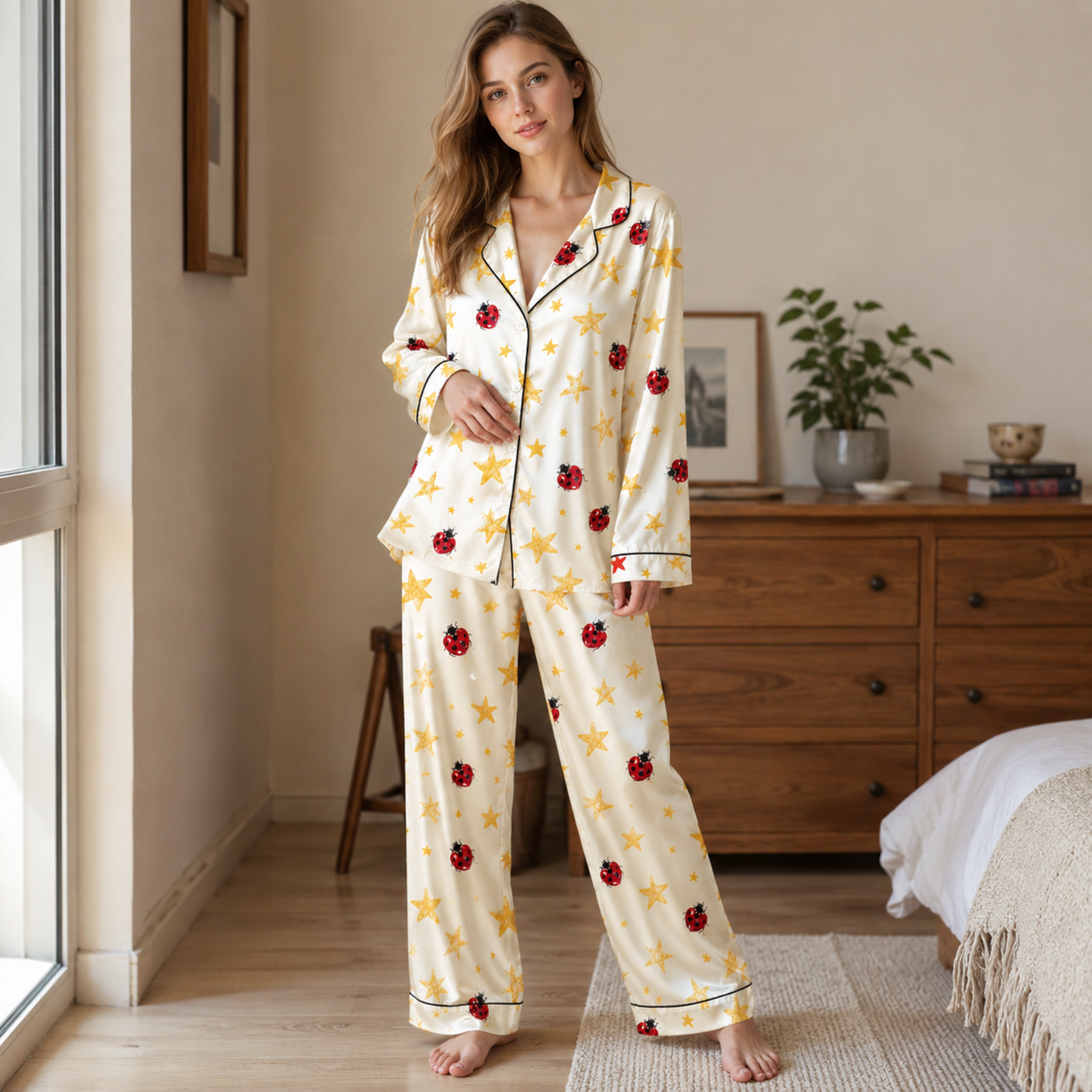 PJ-M285-Whimsical Ladybug Print Lounge Set – Soft Satin Comfort