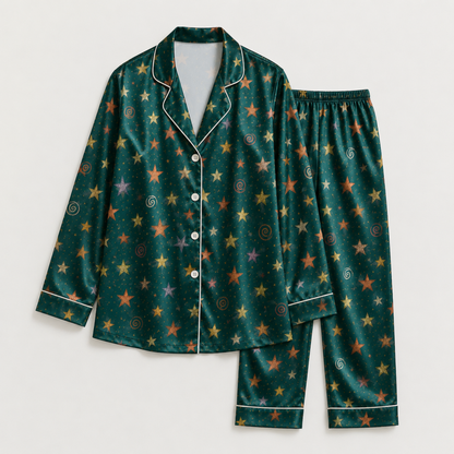PJ-M286-Celestial Stars Satin Pajama Set, Matching Sleepwear and Cozy Loungewear Collection