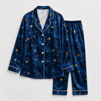 PJ-M287-Star Print Satin Pajama Set, Soft Matching Sleepwear for Everyday Comfort