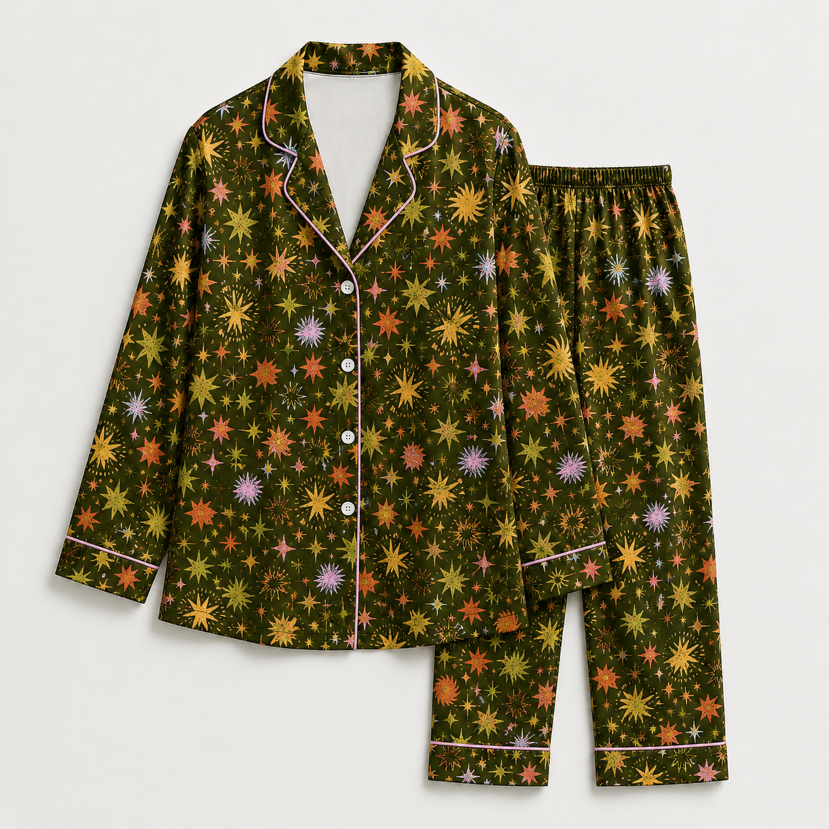 PJ-M288-Celestial Pattern Satin Pajama Set, Premium Sleepwear and Relaxing Lounge Outfit