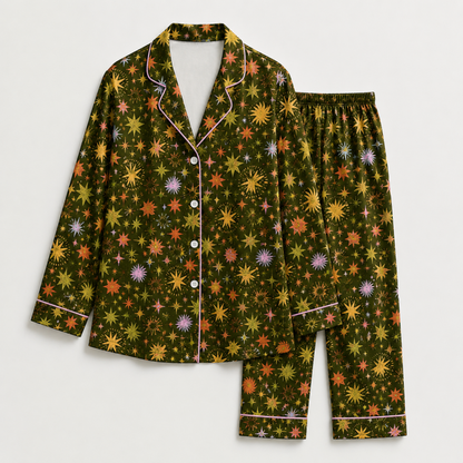PJ-M288-Celestial Pattern Satin Pajama Set, Premium Sleepwear and Relaxing Lounge Outfit