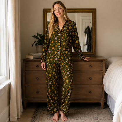 PJ-M288-Celestial Pattern Satin Pajama Set, Premium Sleepwear and Relaxing Lounge Outfit