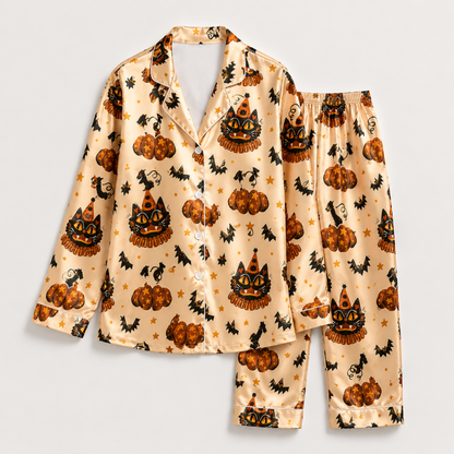 PJ-M289-Halloween Satin Pajama Set with Spooky Matching Lounge Outfit for Cozy Sleepwear