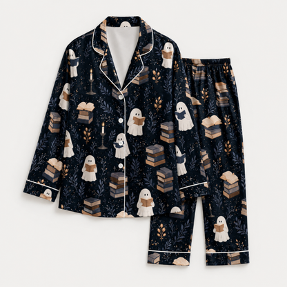 PJ-M290-Spooky Halloween Satin Pajama Set with Coordinated Lounge Sleepwear for Cozy Nights