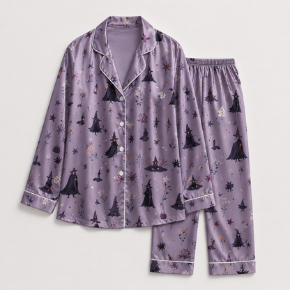 PJ-M292-Halloween Celebration Satin Pajama Set, Cozy Matching Sleepwear with Festive Pattern