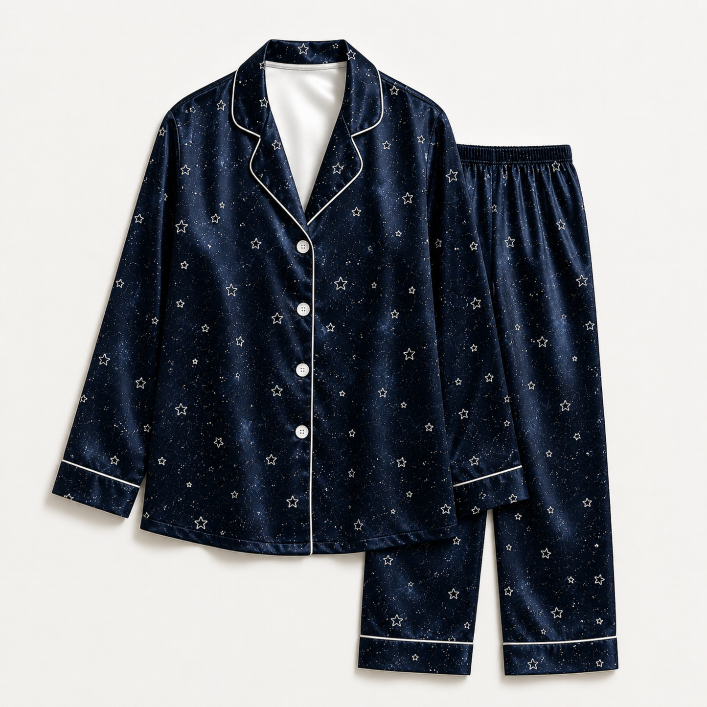 PJ-M293-Starry Night Satin Pajama Set, Luxurious Sleepwear with Celestial Inspired Pattern