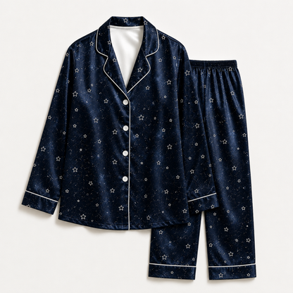 PJ-M293-Starry Night Satin Pajama Set, Luxurious Sleepwear with Celestial Inspired Pattern