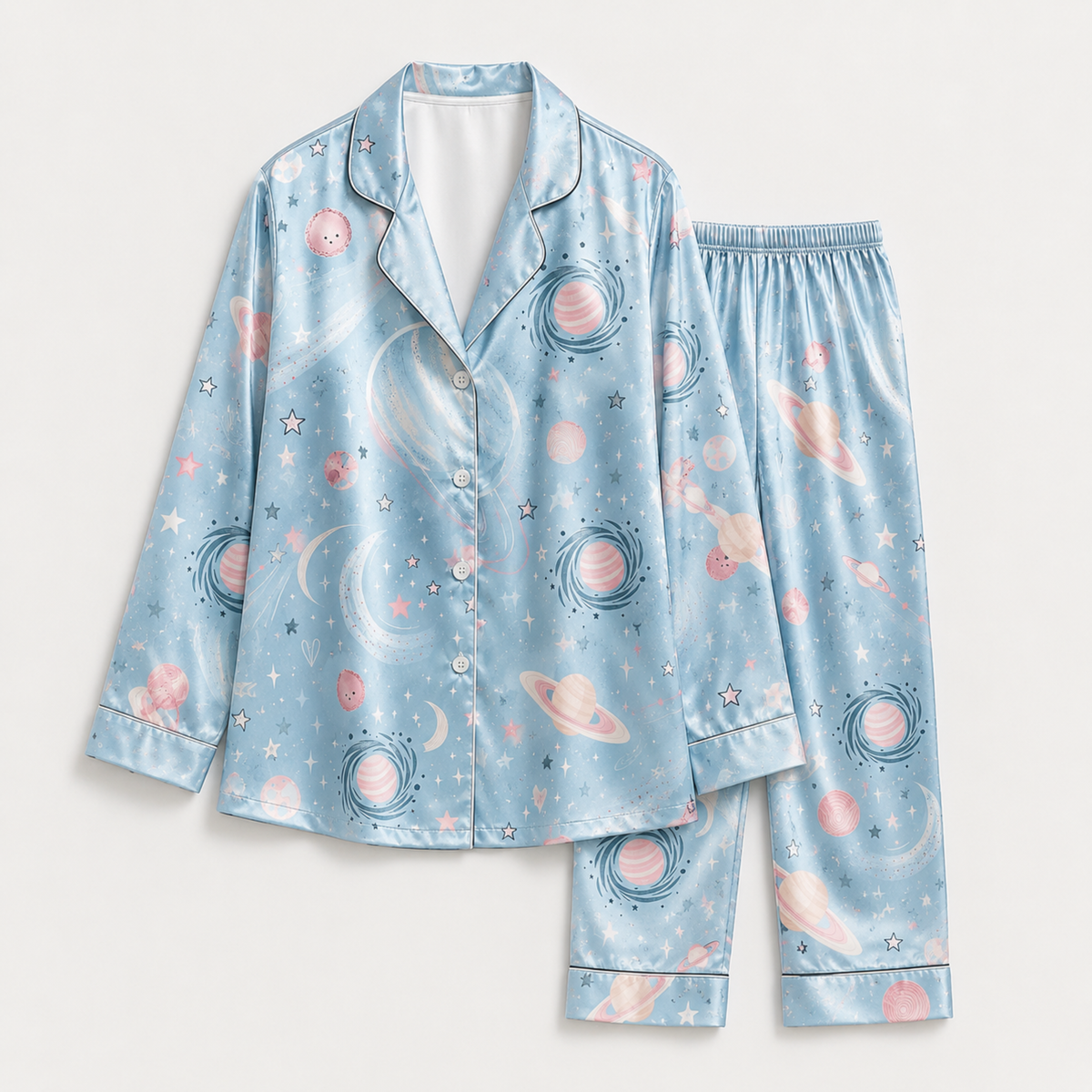 PJ-M294-Celestial Theme Satin Pajama Set with Starry Sky Print, Elegant Matching Sleepwear