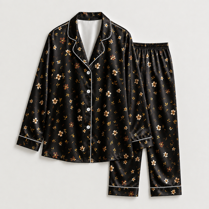 PJ-M295-Black Flower Floral Daisy Print Pajama Set with Relaxed Fit and Soft Everyday Comfort