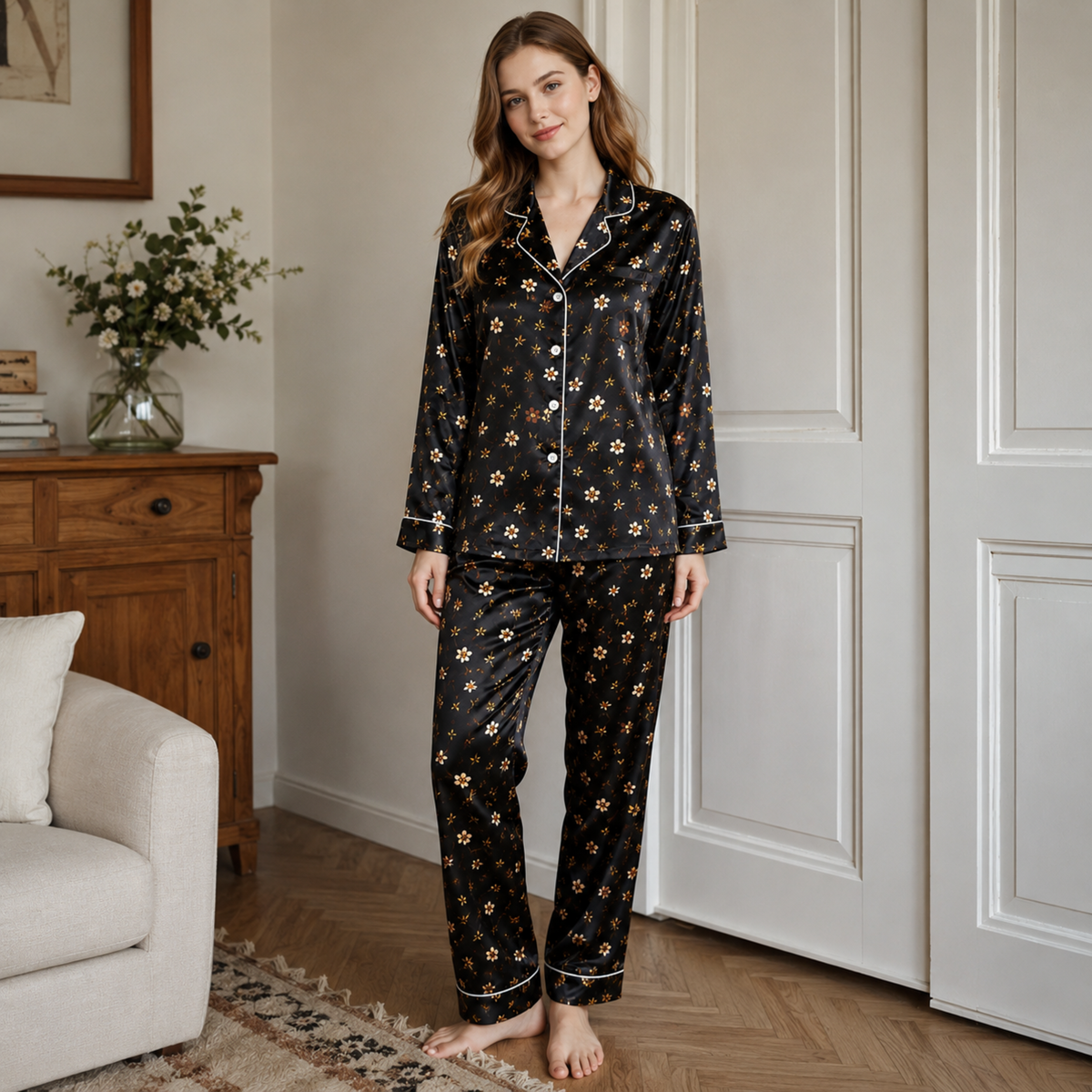 PJ-M295-Black Flower Floral Daisy Print Pajama Set with Relaxed Fit and Soft Everyday Comfort