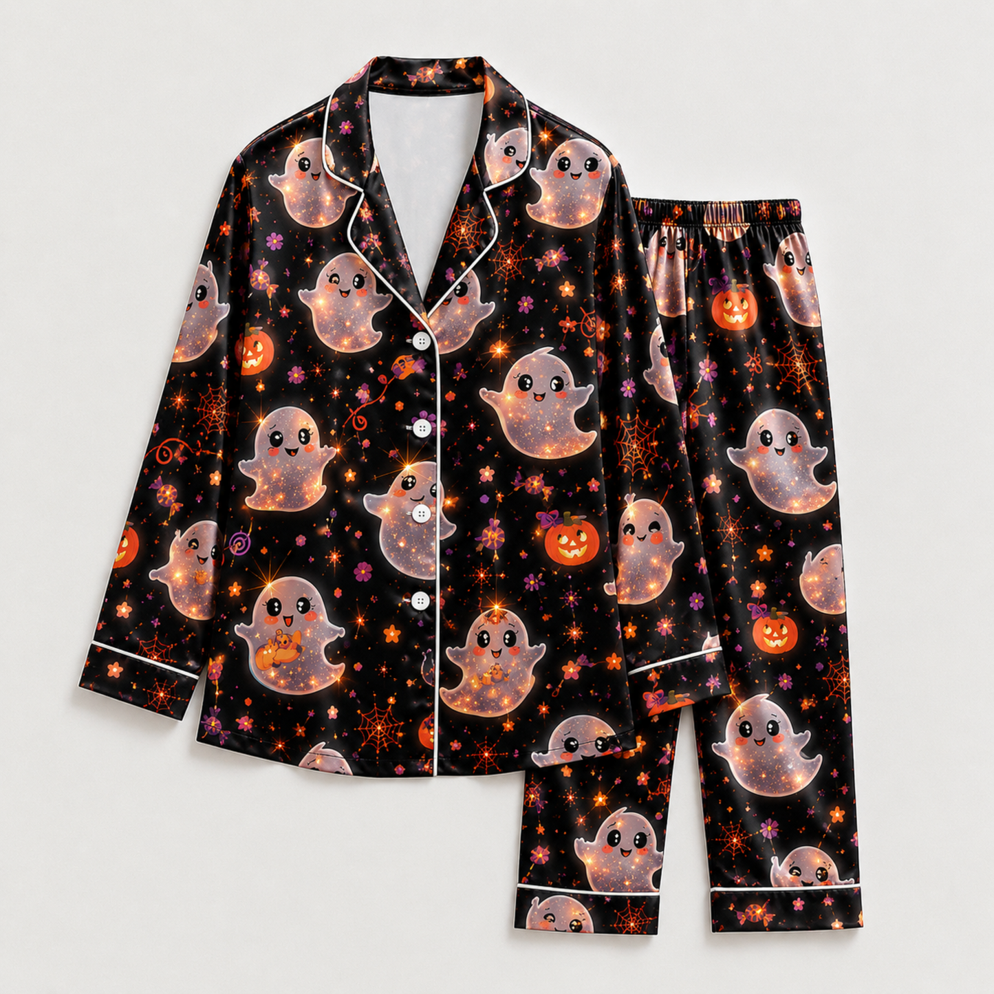 PJ-M296-Holiday Theme Satin Pajama Set with Halloween Pattern, Soft Matching Sleepwear