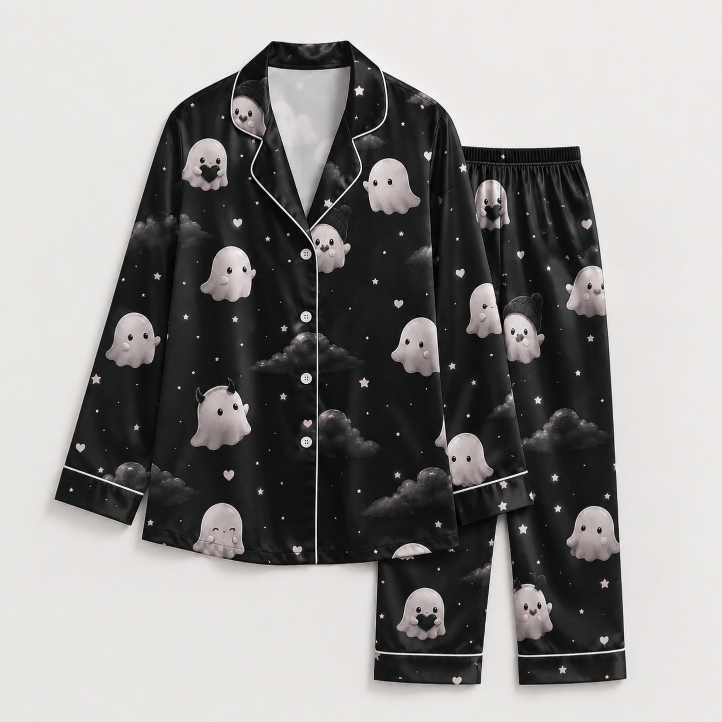PJ-M297-Halloween Inspired Satin Pajama Set, Stylish Matching Sleepwear and Loungewear