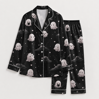 PJ-M297-Halloween Inspired Satin Pajama Set, Stylish Matching Sleepwear and Loungewear