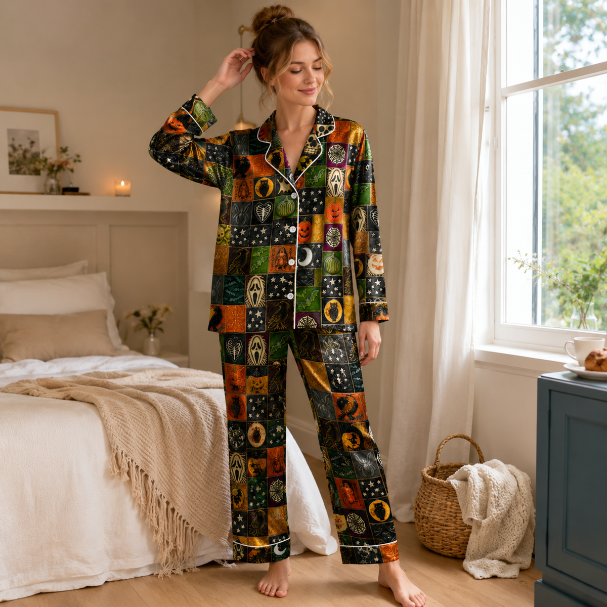 PJ-M298-Spooky Season Satin Pajama Set, Comfortable Matching Nightwear and Lounge Outfit