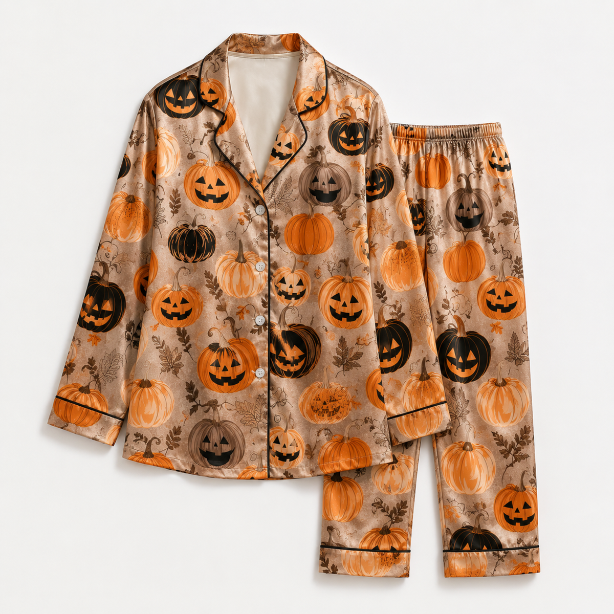 PJ-M300-Halloween Pattern Satin Pajama Set, Soft Matching Sleepwear for Everyday Comfort