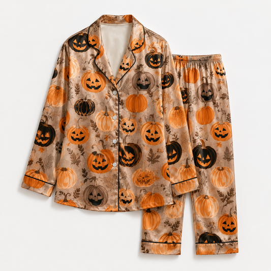 PJ-M300-Halloween Pattern Satin Pajama Set, Soft Matching Sleepwear for Everyday Comfort