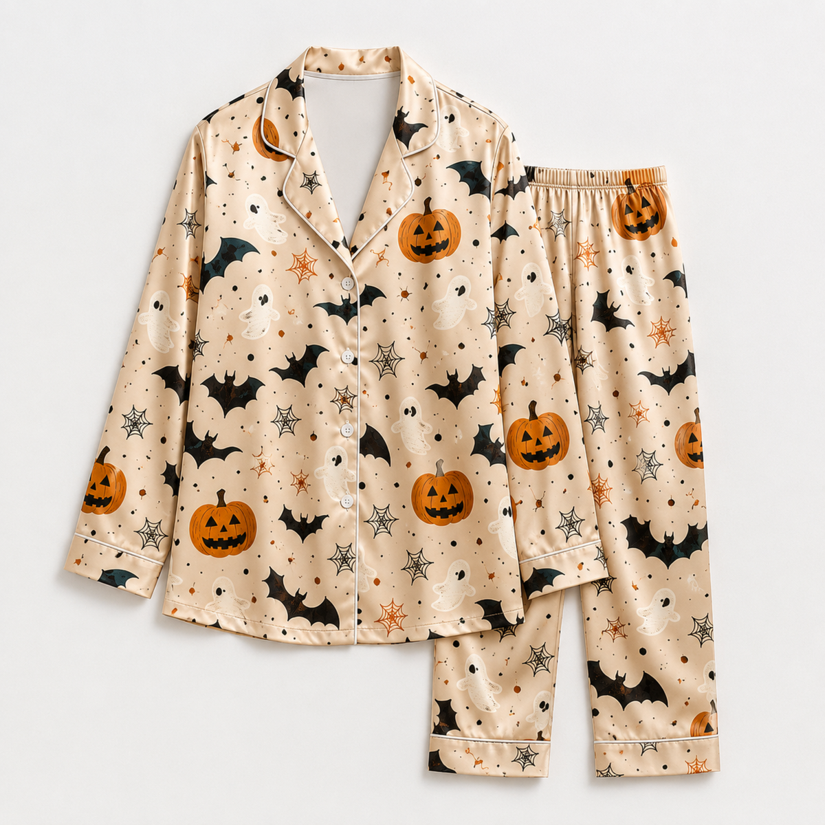PJ-M301-Halloween Theme Satin Pajama Set, Matching Sleepwear and Cozy Loungewear