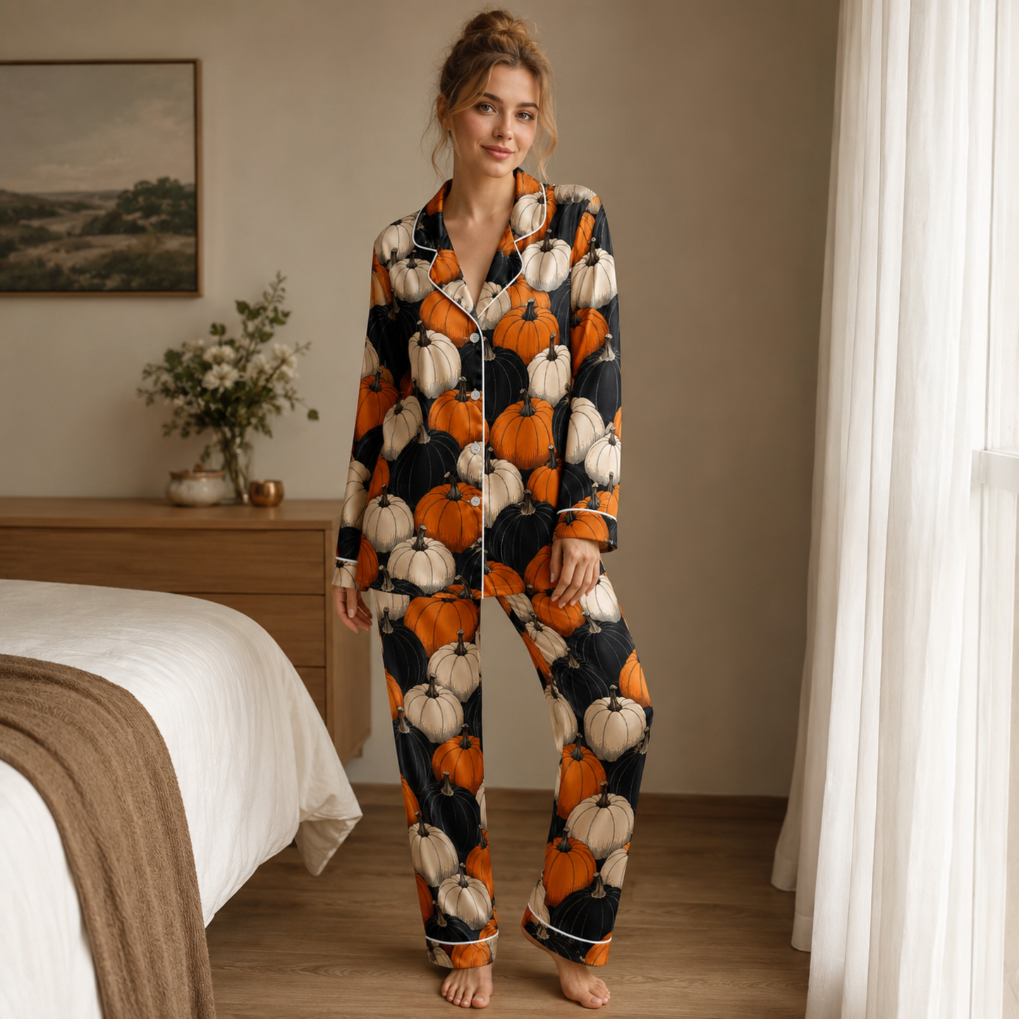 PJ-M302-Comfortable Halloween Themed Pajama Set Featuring Various Festive Seasonal Prints Perfect For Cozy Autumn Evening Lounging