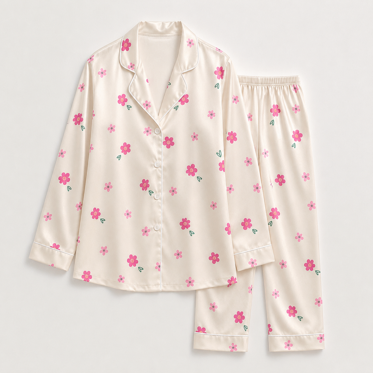 PJ-M303-Botanical Wildflower Satin Pajama Set with Vintage Garden Floral Pattern for Cozy Sleepwear