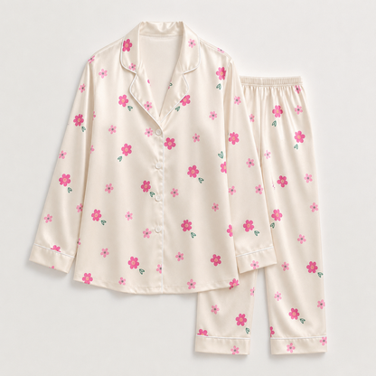 PJ-M303-Botanical Wildflower Satin Pajama Set with Vintage Garden Floral Pattern for Cozy Sleepwear