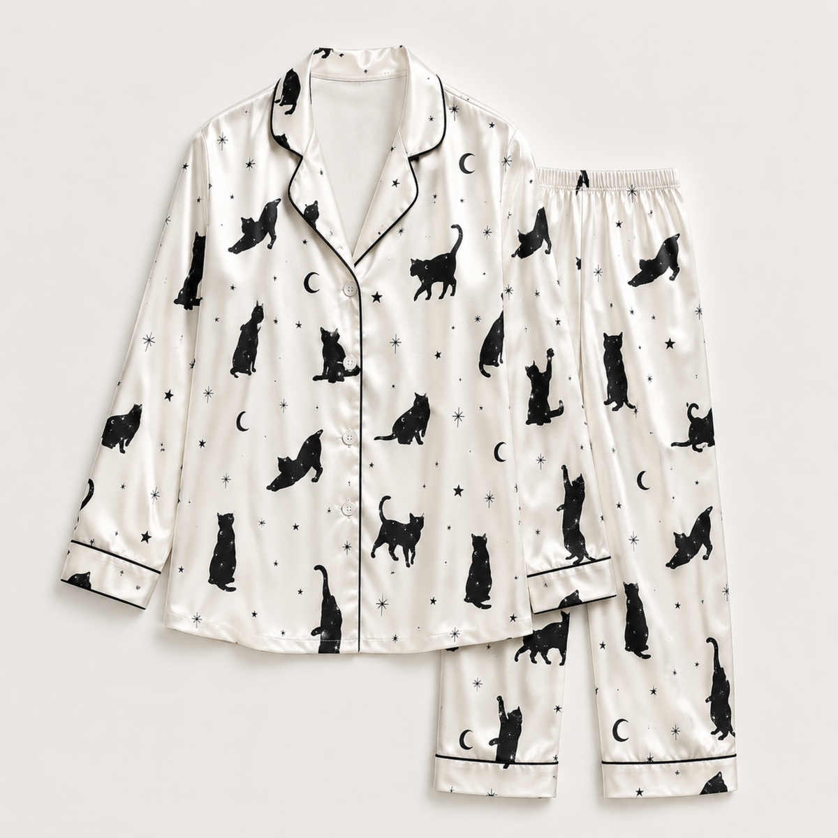 PJ-M304-Modern Abstract Cat Satin Pajama Set with Artistic Feline Pattern for Cozy Sleepwear